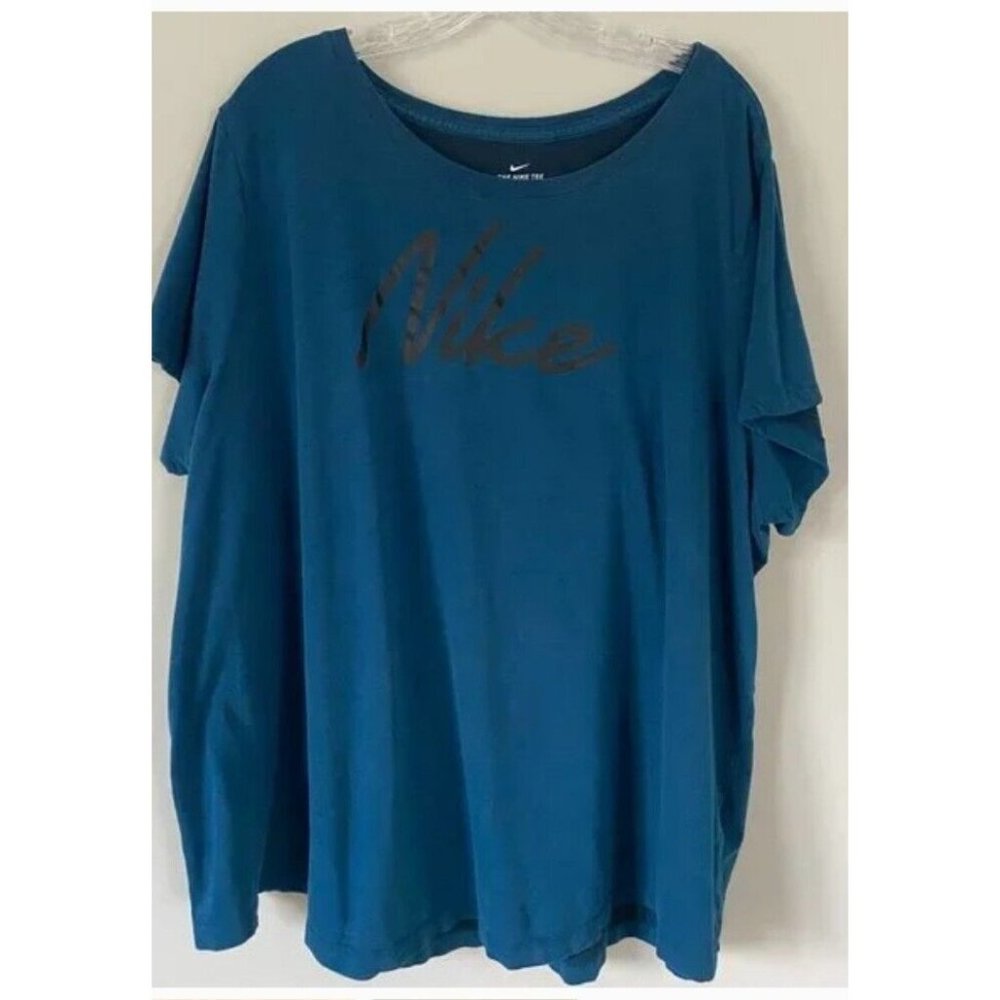 Nike Dri Fit Womans Dark Turquoise Blue Black Logo 1x Tee Shirt Top EUC athletic